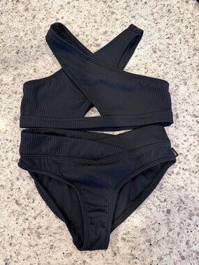abercrombie kids Black Ribbed Cross-Back Two-Piece Swim Set